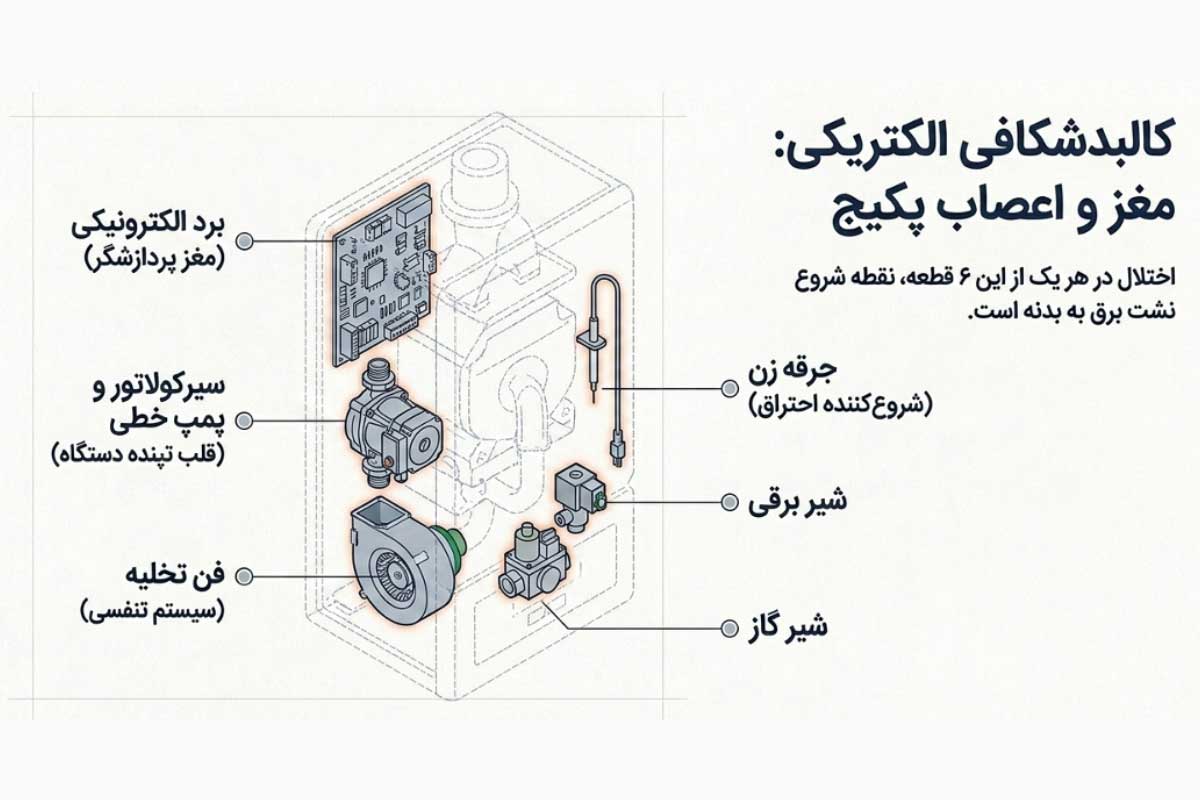 علت برق دار شدن بدنه پکیج: سوختن قطعات برقی پکیج